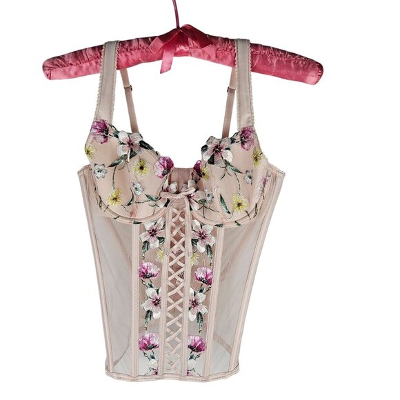 Victorias Secret Floral Embroidery Mesh Bustier Corset Size Medium Pink - Picture 2 of 11